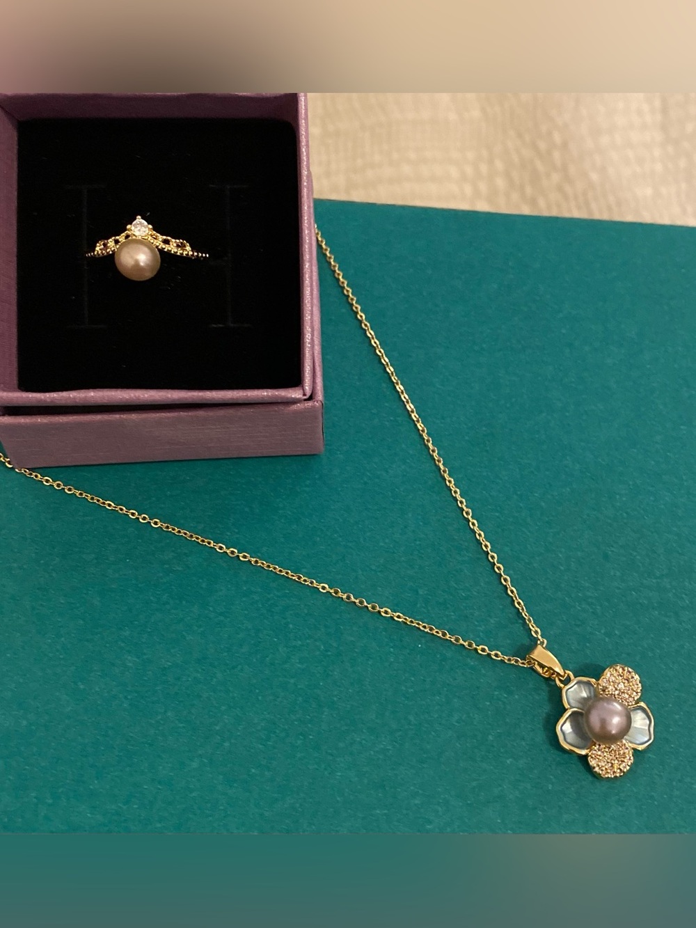Freshwater Pearl Flower Pendant Necklace and Pearl Accent Ring